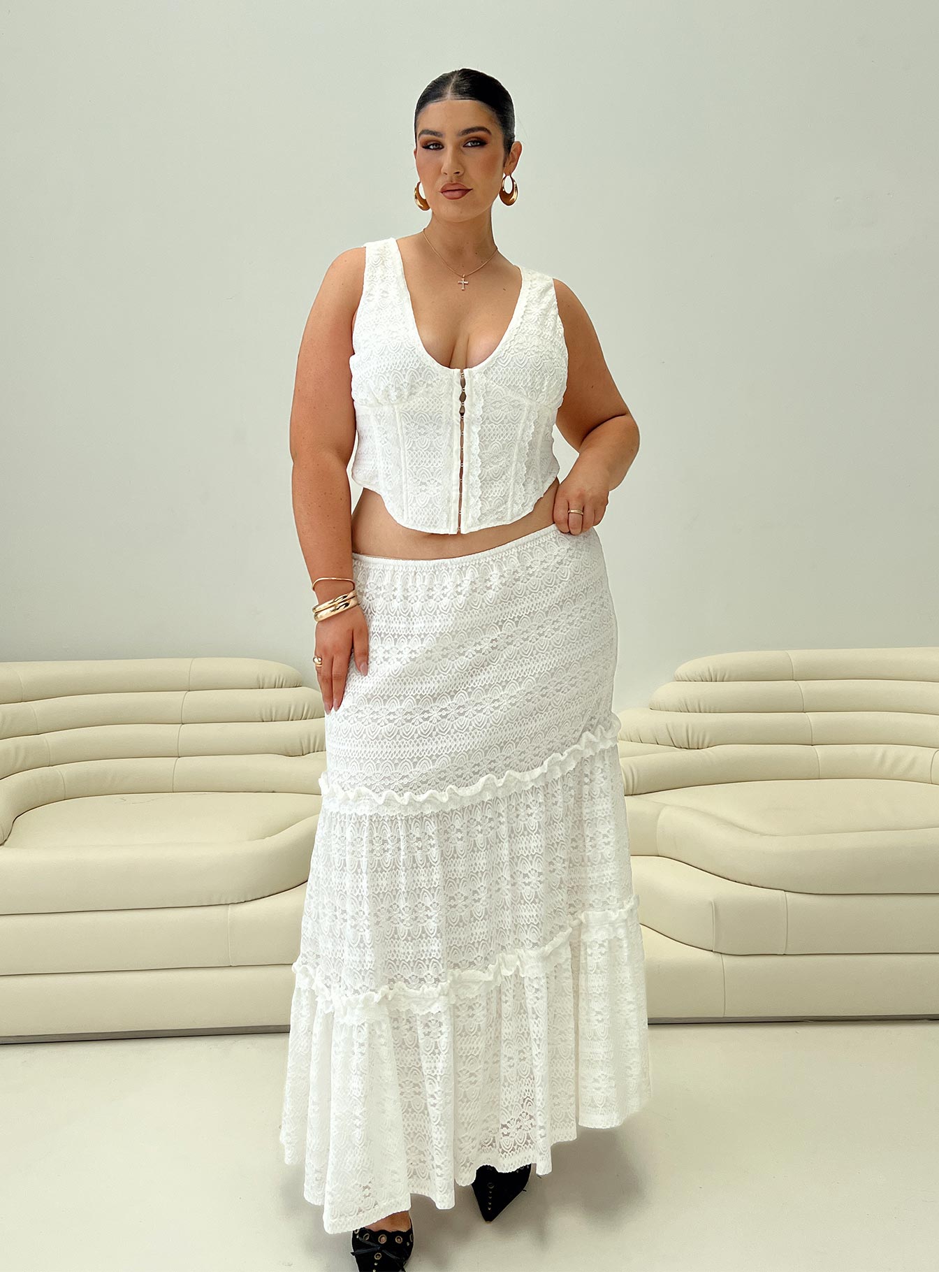   side view of model wearing Princess Polly Buttacupe Lace Maxi Skirt White Curve Maxi 