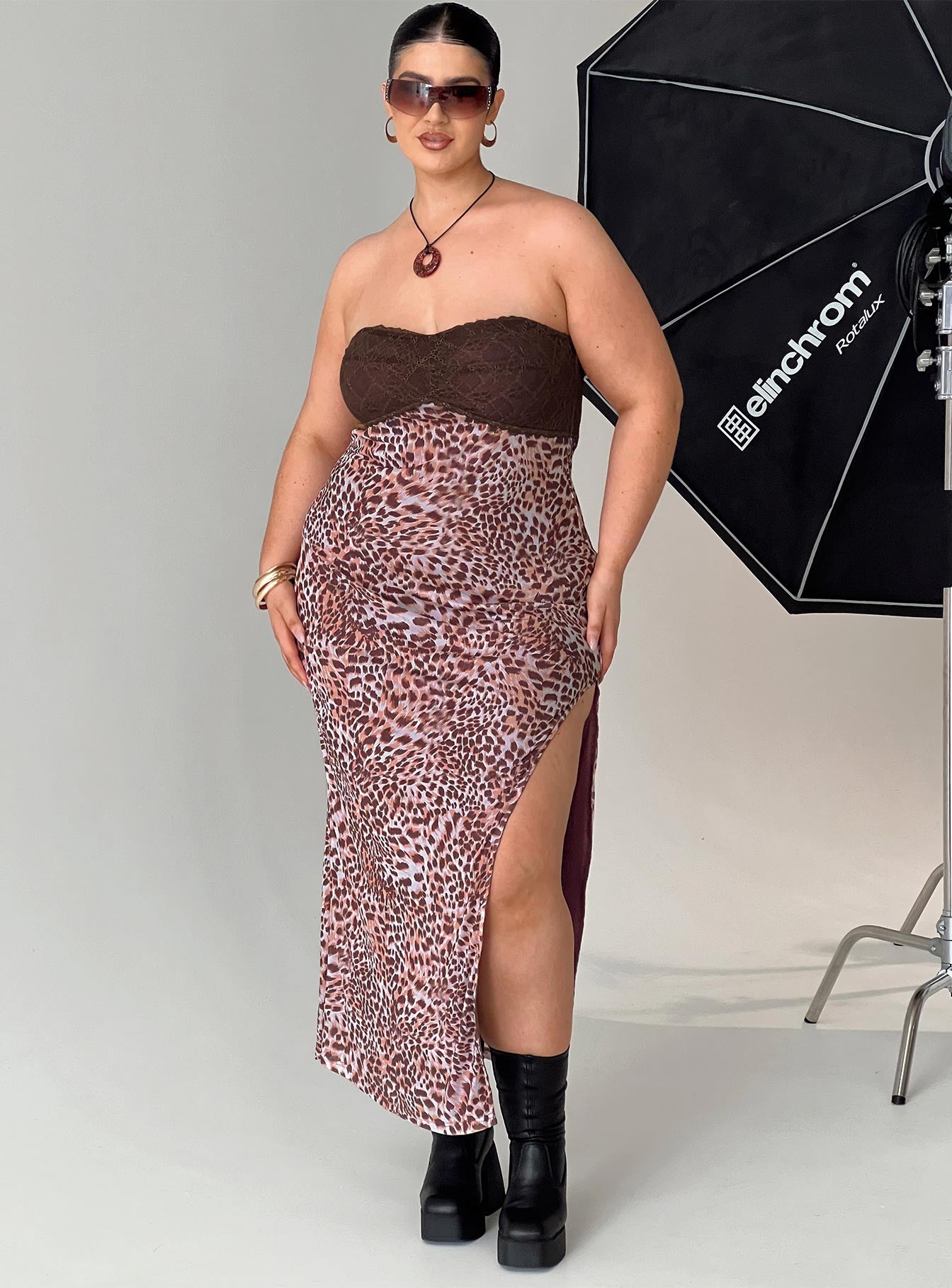 Raidein strapless maxi dress leopard curve