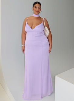 front view of model wearing Princess Polly Jadira Scarf Maxi Dress Purple Curve Plunger 