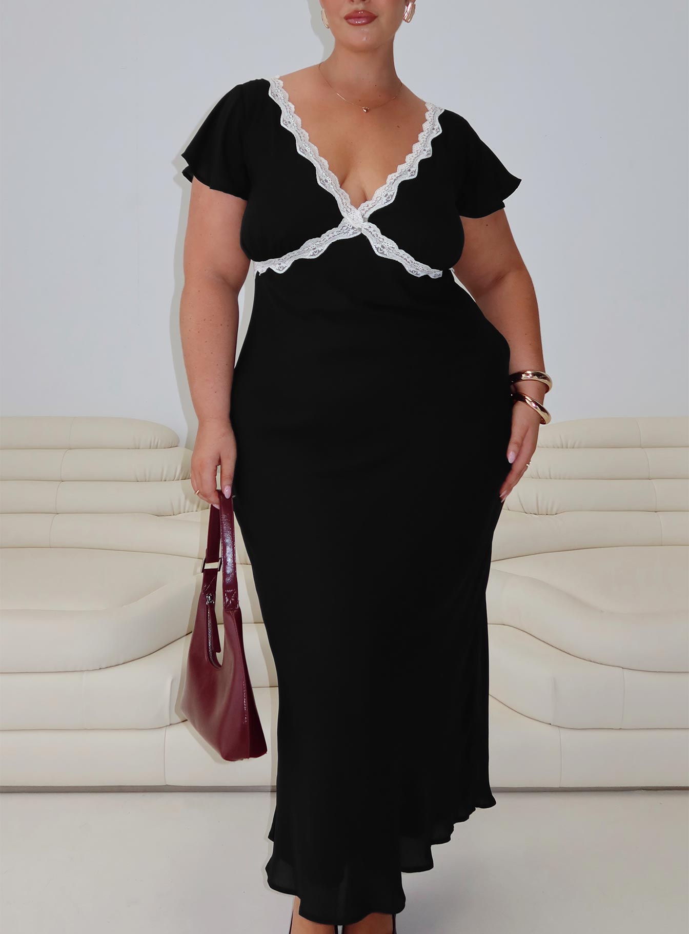 front view of model wearing Princess Polly Barbarita Lace Maxi Dress Black Curve Plunger 