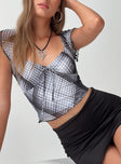 Mesh crop top, plaid print V-neckline, tie detail at bust, cap sleeve Good stretch, partially lined