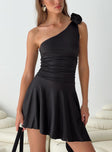 Front view of model wearing  front Princess Polly Asymmetric Neckline  Patino One Shoulder Mini Dress Black