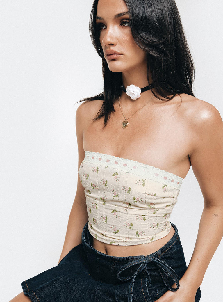Chariot Strapless Top White / Floral