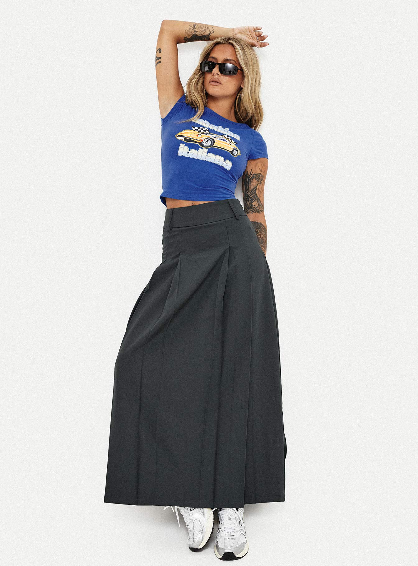   front view of model wearing Princess Polly Boss Girl Maxi Skirt Slate Maxi 