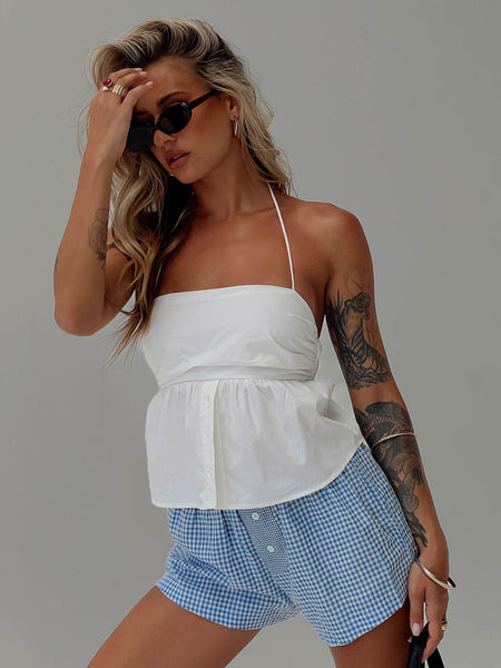 Crop top Halter strap with tie fastening, pleated bust, button detail down front, shirred back panel Non-stretch material, lined bust