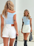 back view of model wearing Princess Polly Heuston Denim Skort White Denim High Waisted Shorts 