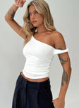 side view of model wearing Princess Polly Messenger One Shoulder Top White Sleeveless Asymmetric Neckline 