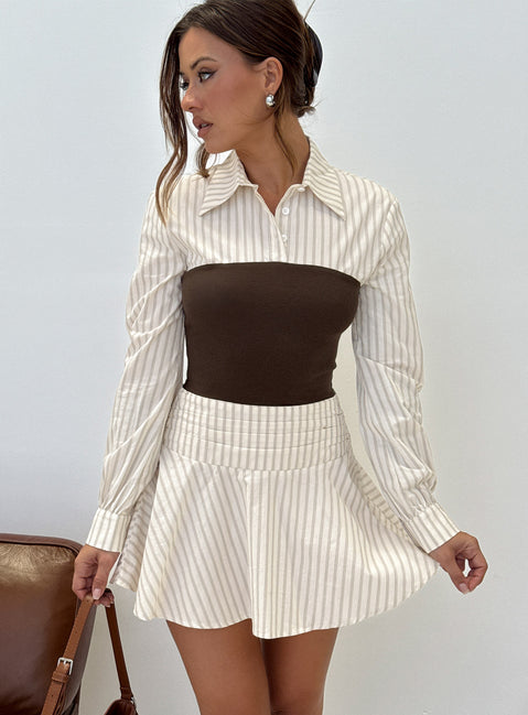 Belva Long Sleeve Corset Shirt Mini Dress Brown Stripe