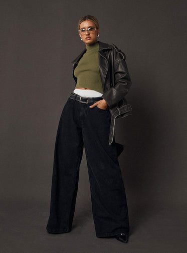 Naylor Mid Rise Wide Leg Jeans Washed Black Denim