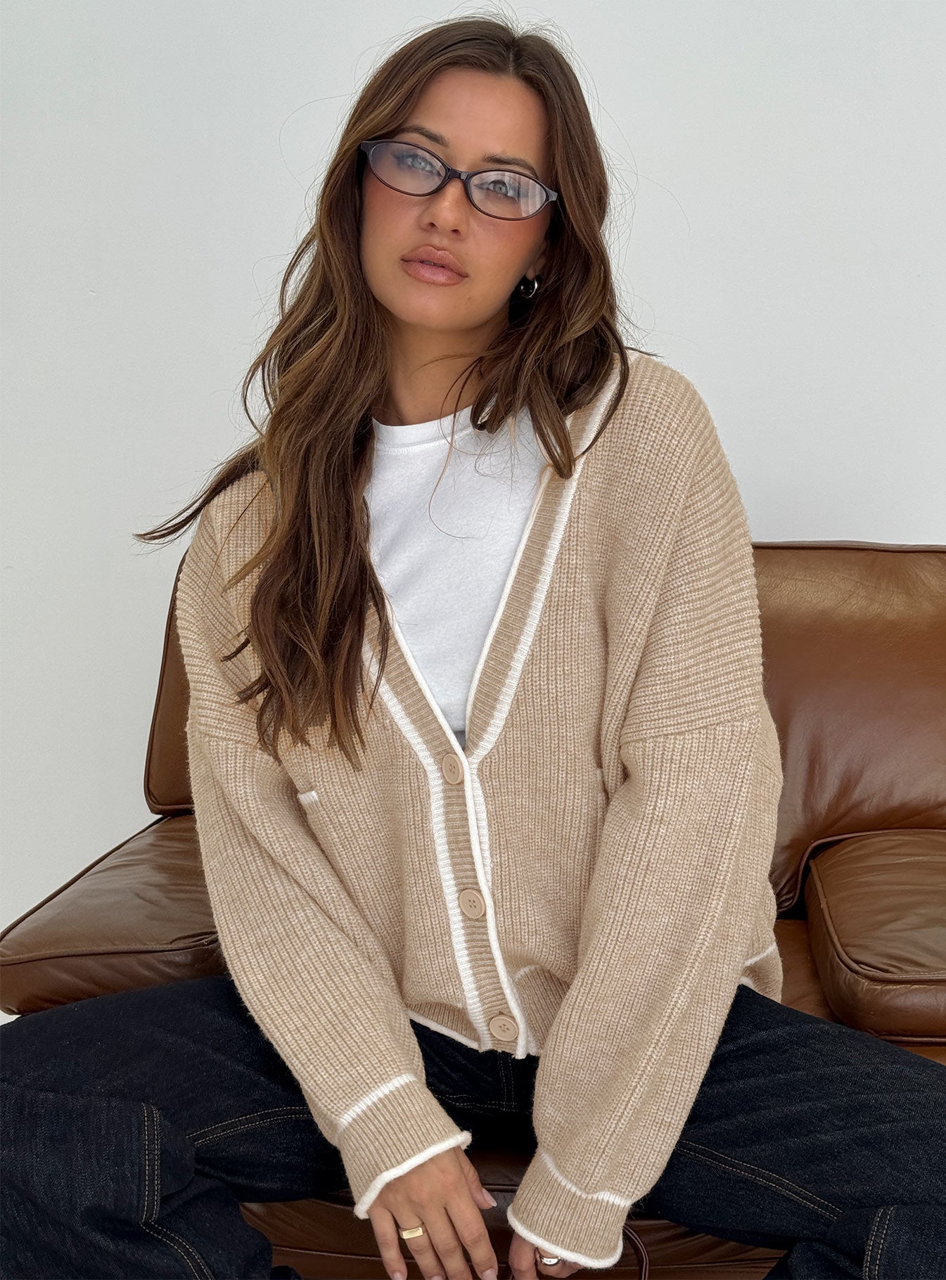 side view of model wearing Princess Polly Cressara Contrast Knit Cardigan Beige / White Cropped Jumpers 