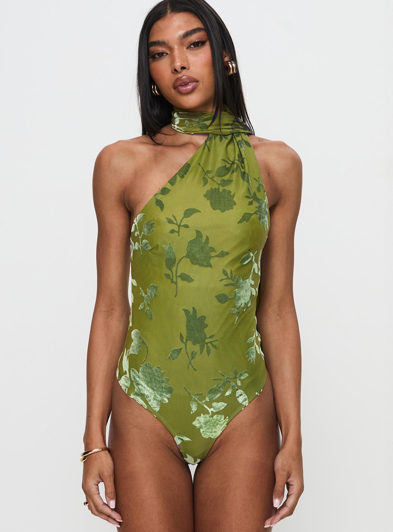 front view of model wearing Princess Polly Frostbloom Scarf Neck Bodysuit Green Tall Sleeveless 