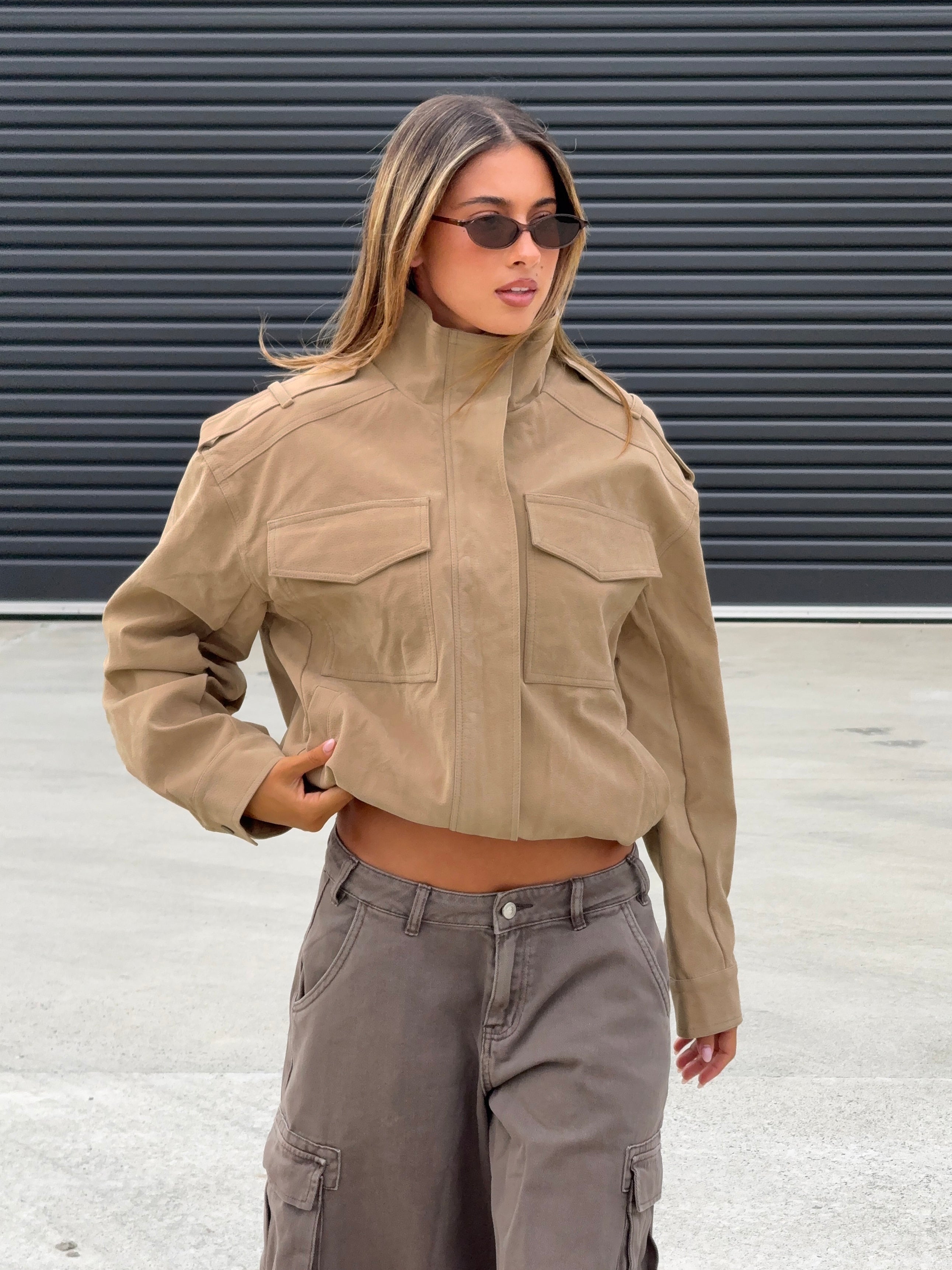 Double Life Mock Neck Cargo Jacket Beige | Princess Polly