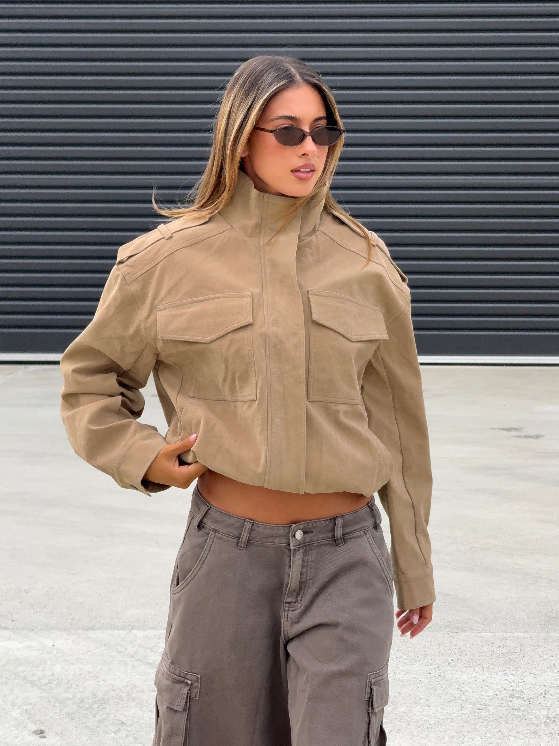 Double Life Funnel Neck Cargo Jacket Beige Petite