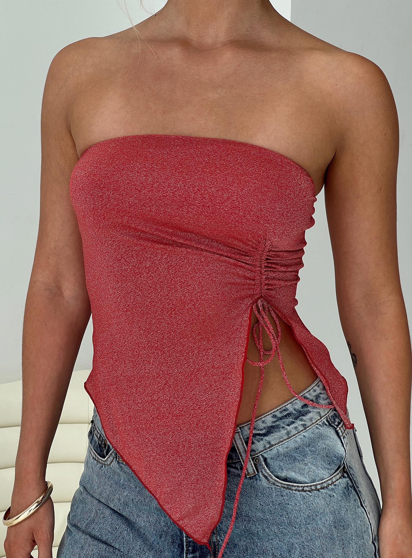 【美品】POTTERY HS GLITTER STRAPLESS TOP Dessy Strapless Top Red Glitter | Princess Polly