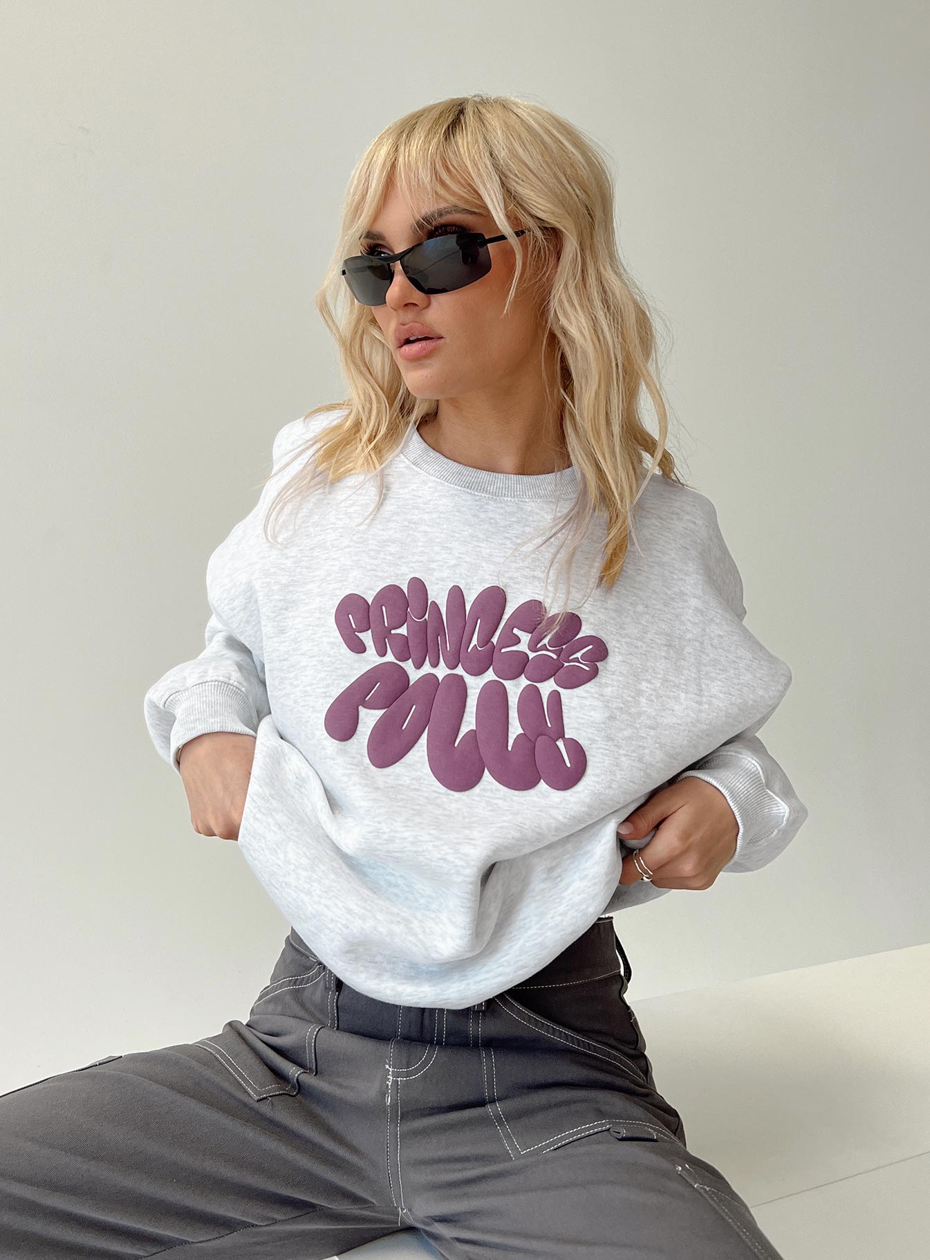 Princess Polly Crew Neck Sweatshirt Bubble Text Grey Marle / Burgundy Princess Polly  regular 
