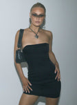 Strapless mini dress Silky material Boing through waist Hook and eye fastening at front