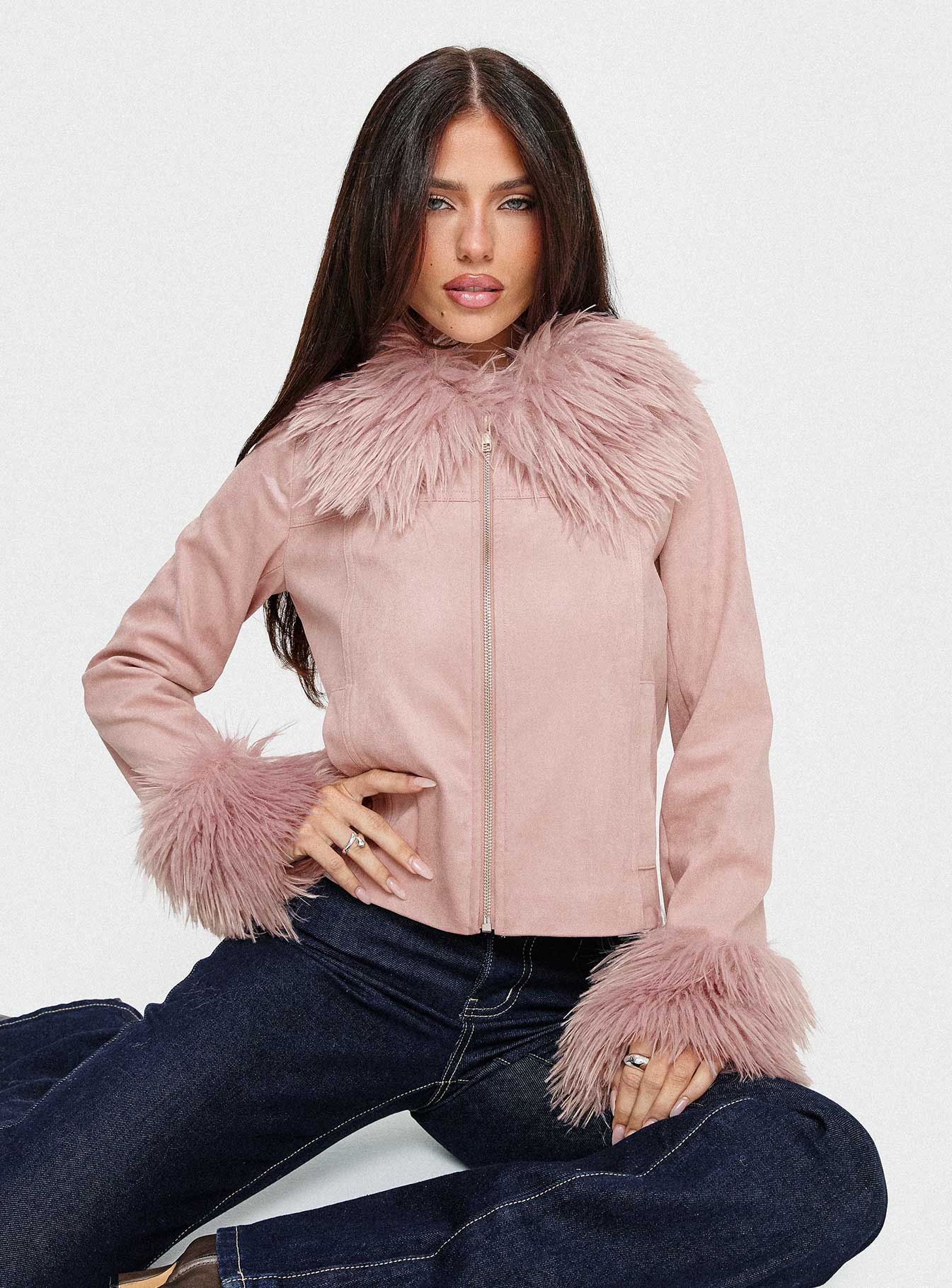 シュガーローズ　SUGAR ROSE ミンクライクファージャケット Jeanna Suede Faux Fur Detail Jacket Pink | Princess Polly