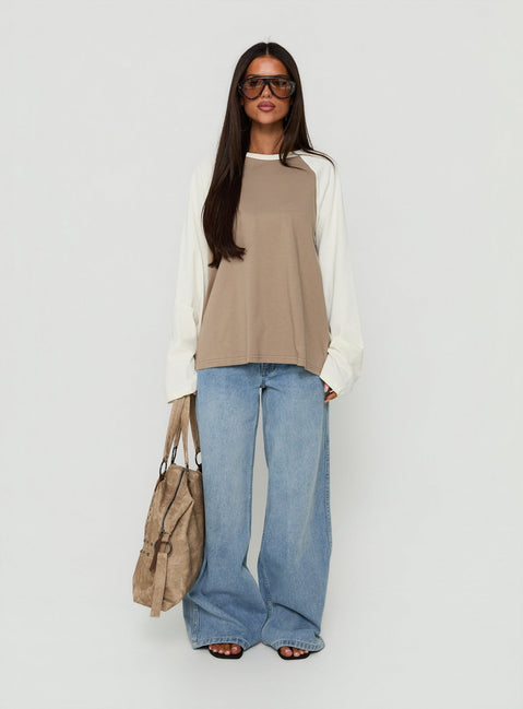 Settle Down Long Sleeve Raglan Top Beige Multi