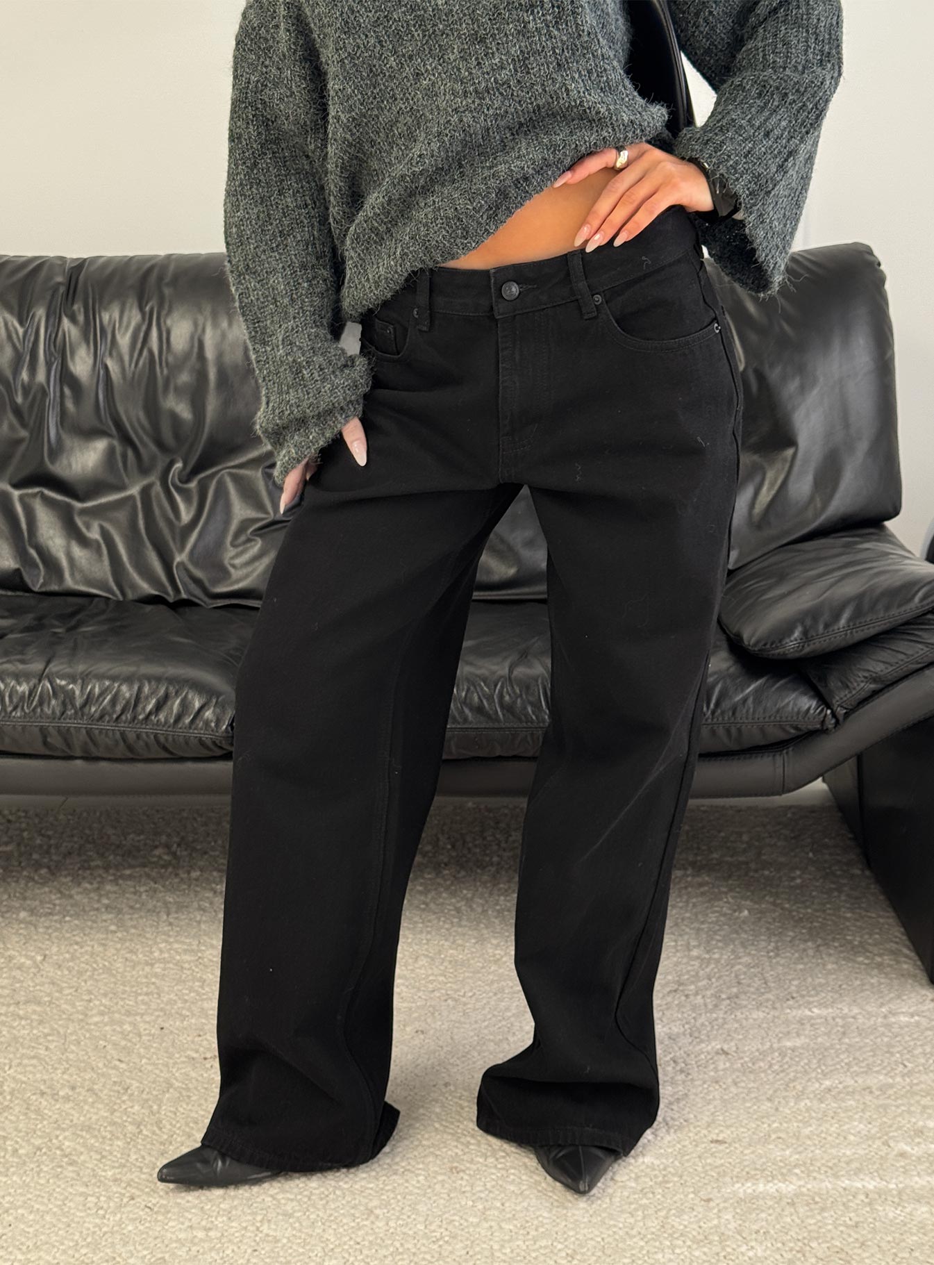 back view of model wearing Princess Polly Serenitia Mid Rise Relaxed Jeans Jet Black Mid Rise Jeans 