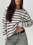 front view of model wearing Princess Polly Souvenirs Knit Sweater Grey Stripe 