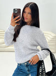 front view of model wearing Princess Polly Abrams Rib Knit Crew Sweater Grey Marle 