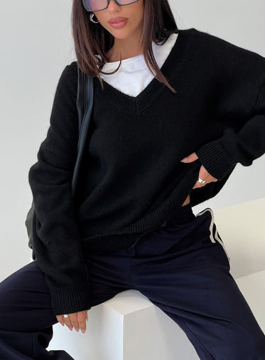 Stay The Night V Neck Knit Sweater Black
