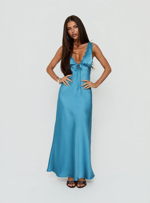 Damelia Tie Detail Lace Trim Maxi Dress | Blue | Womens