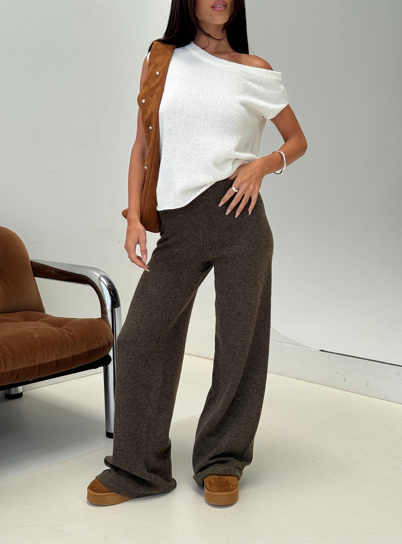 front view of model wearing Princess Polly Karee Knit Pants Brown High Rise Pants 