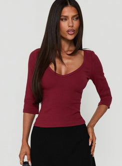 Baseline Rib V Neck 3/4 Sleeve Top Cherry Lacquer