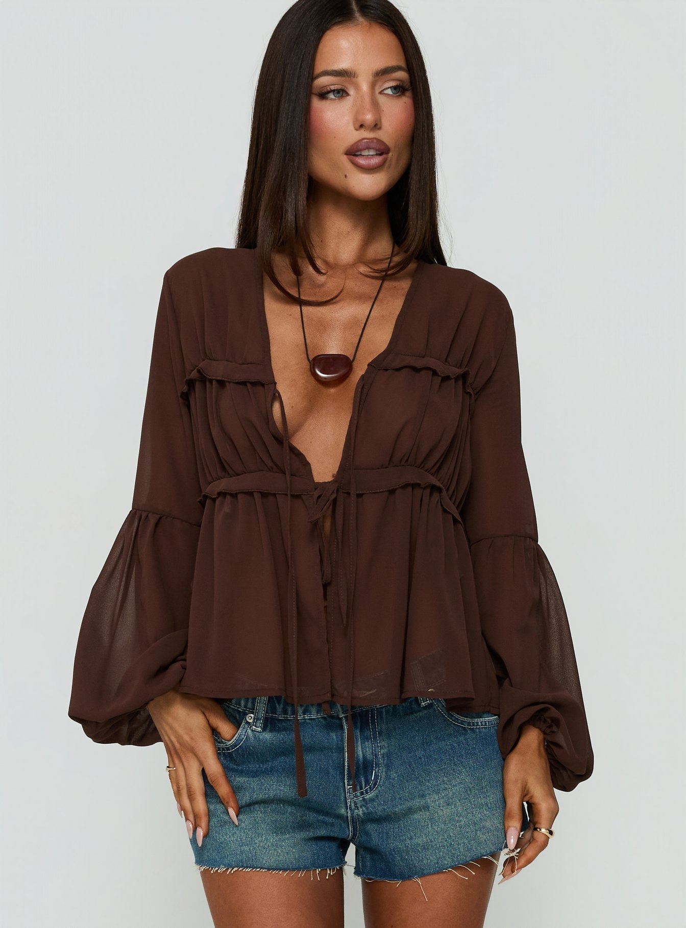 Chasing Sunsets Sheer Long Sleeve Top Chocolate | Princess Polly