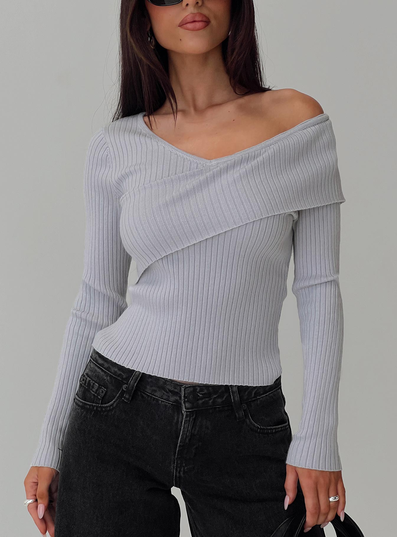 front view of model wearing Princess Polly Nolia Long Sleeve Top Grey Full Sleeves Asymmetric Neckline 