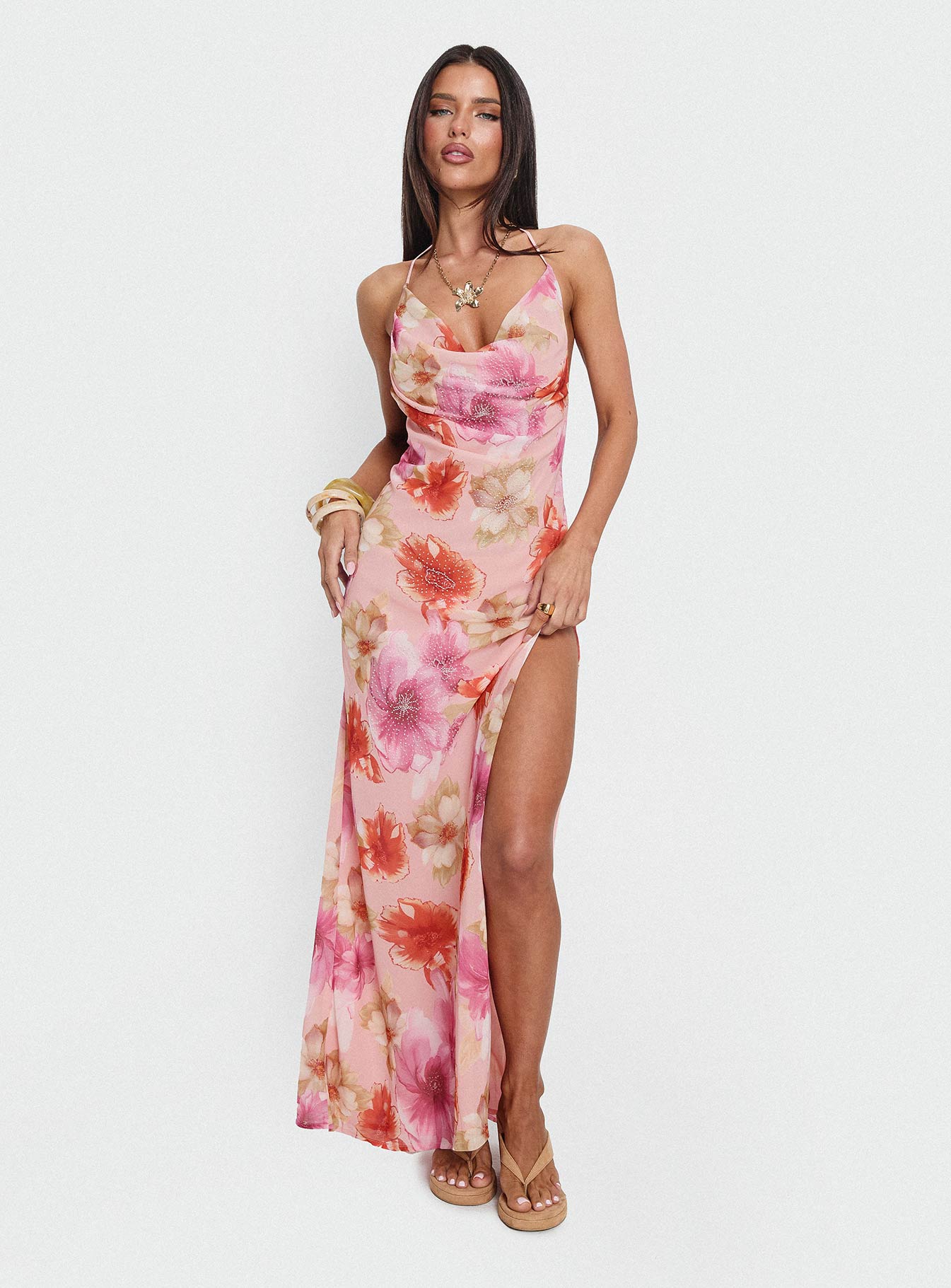 womens maxi dress pink Sibellah Beaded Cowl Neck Maxi Dress Pink Multi