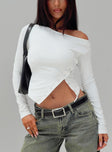 front view of model wearing Princess Polly Karre Off The Shoulder Long Sleeve Top White Full Sleeves Asymmetric Neckline 