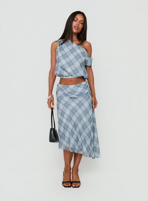 Sabbine Asymmetrical Midi Skirt Blue Check
