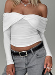 front view of model wearing Princess Polly Myrina Long Sleeve Top White Full Sleeves V-Neck 