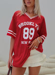 front view of model wearing Princess Polly Michail Jersey Mini Dress Red V-Neck 