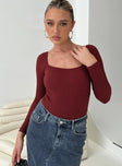 front view of model wearing Princess Polly Charlotte Bodysuit Burgundy Full Sleeves Square Neck 