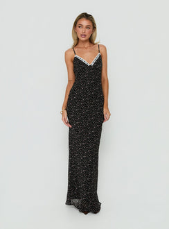 Alasia Lace Trim V Neck Maxi Dress Black Floral