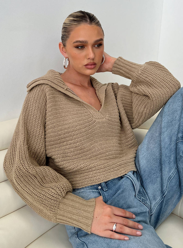 Knit sweater Oversized collar, v-neckline