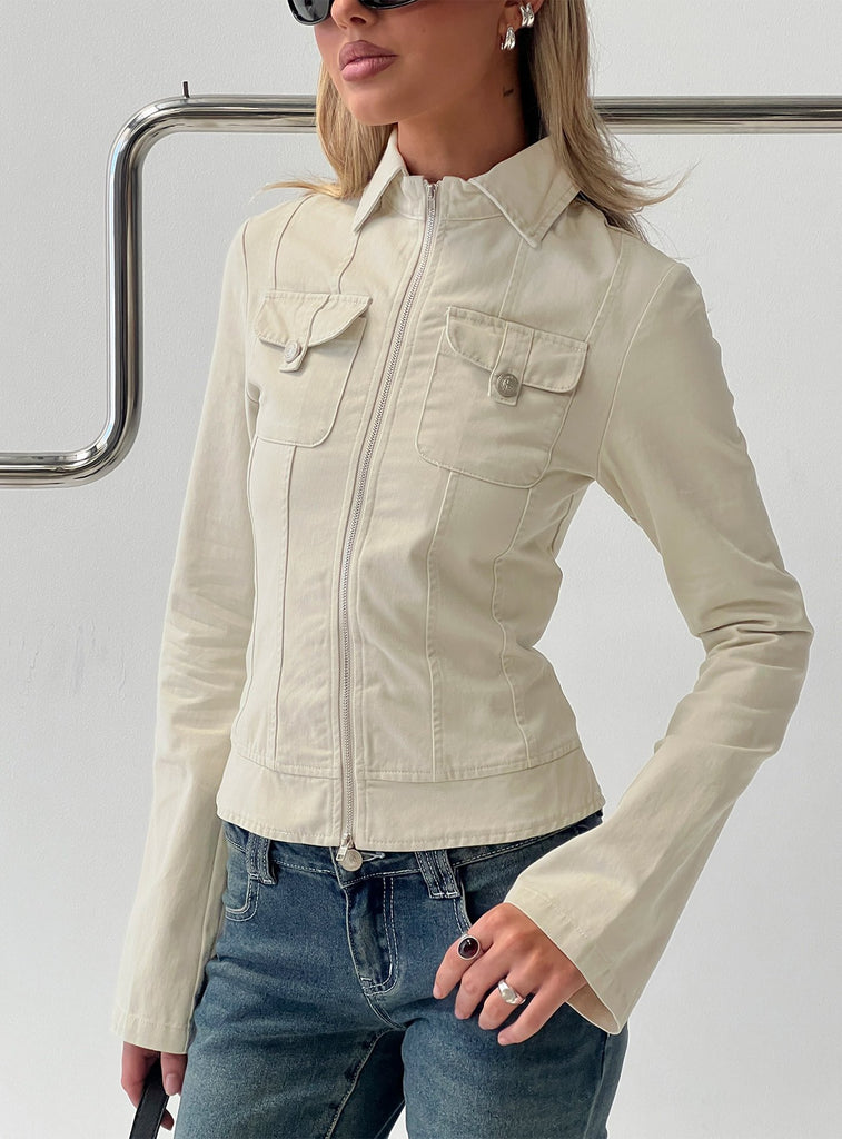 Kelehan Long Sleeve Zip Front Top Stonewashed Cream | Princess Polly