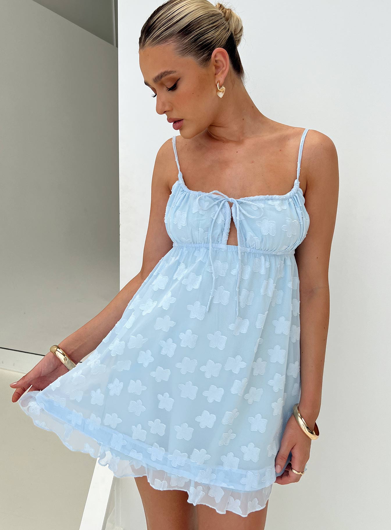 product Princess Polly Crew Neck  Empress Of Love Mini Dress Blue Floral Applique