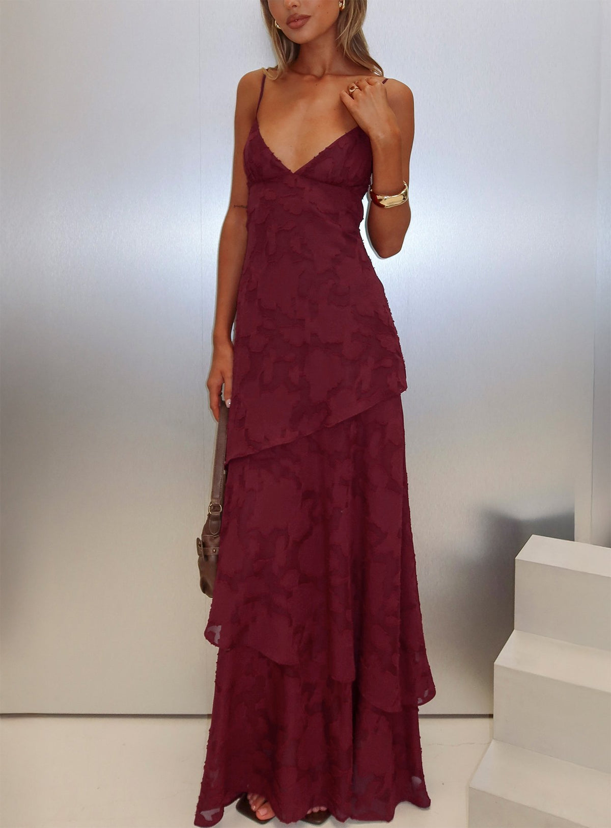 Lyricah Tiered Tie Back Maxi Dress Burgundy Petite
