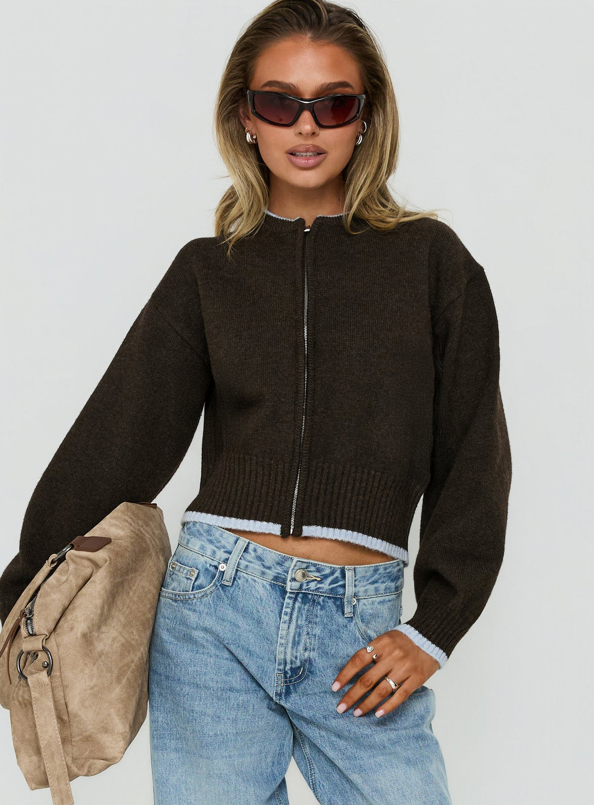 Amandi Zip Through Knit Sweater Chocolate / Blue