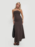 side view of model wearing Princess Polly Yahir Strapless Maxi Dress Brown Straight Neck 