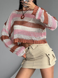 back view of model wearing Princess Polly Perren Sweater Pink / Brown Stripe Cropped 