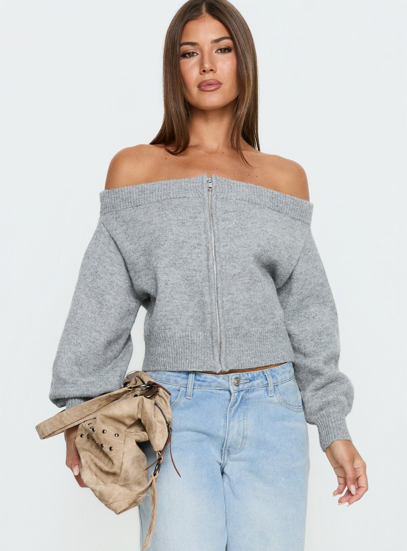 front view of model wearing Princess Polly Ortensa Off Shoulder Zip Through Jumper Grey Marle Cropped Jumpers 