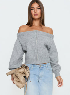front view of model wearing Princess Polly Ortensa Off Shoulder Zip Through Jumper Grey Marle Cropped Jumpers 