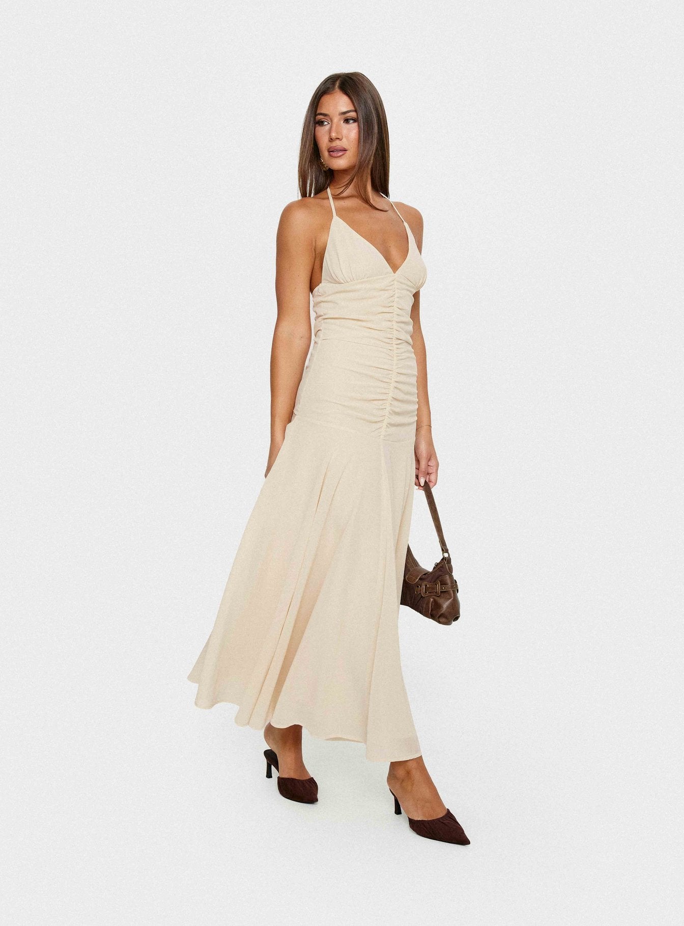 halter maxi dress summer Carlisla Ruched Halter Maxi Dress Yellow