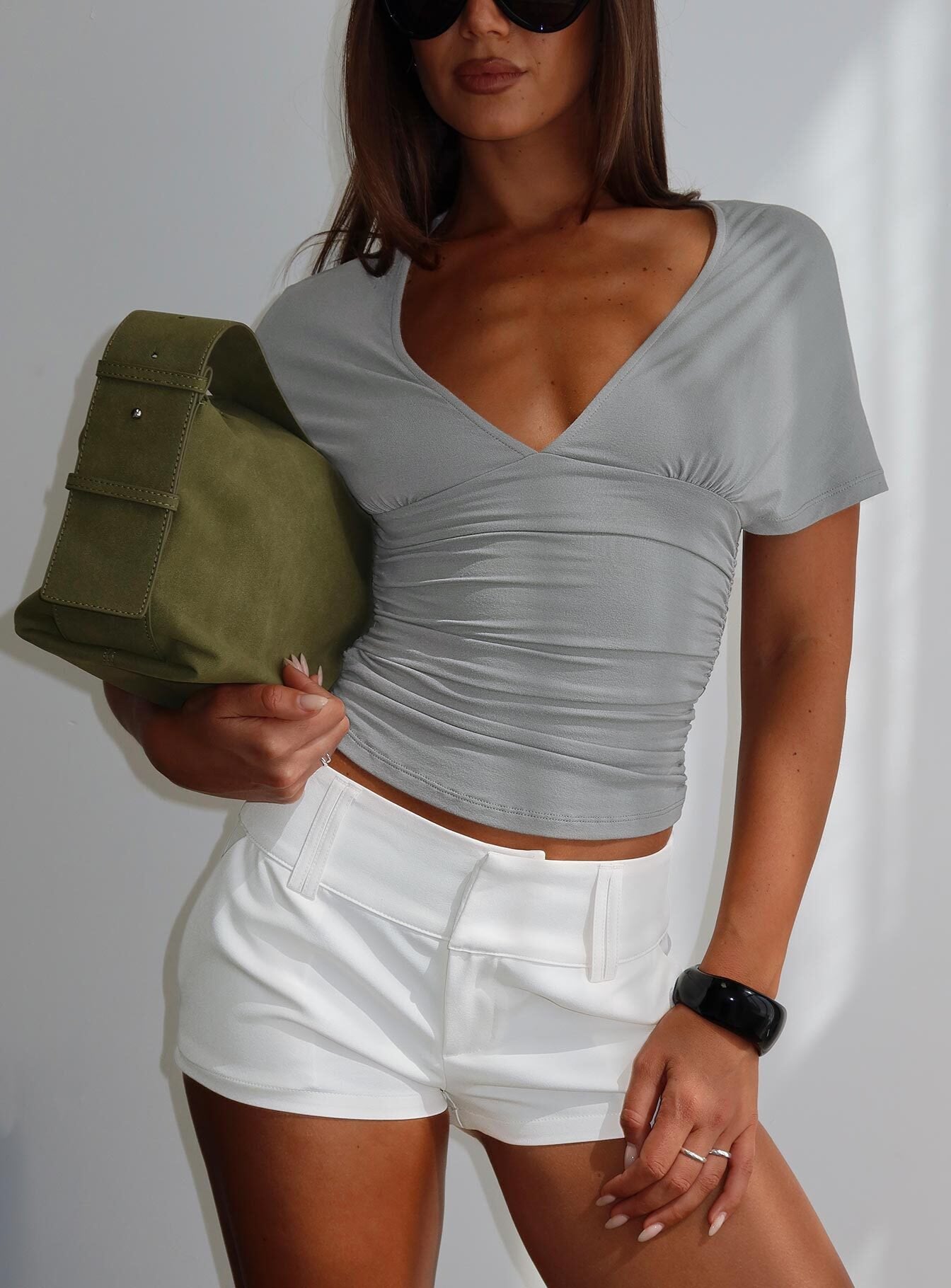 Osari Ruched Short Sleeve Jersey Top Grey | Princess Polly
