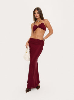   front view of model wearing Princess Polly Delores Ruched Maxi Skirt Red Maxi Skirts 